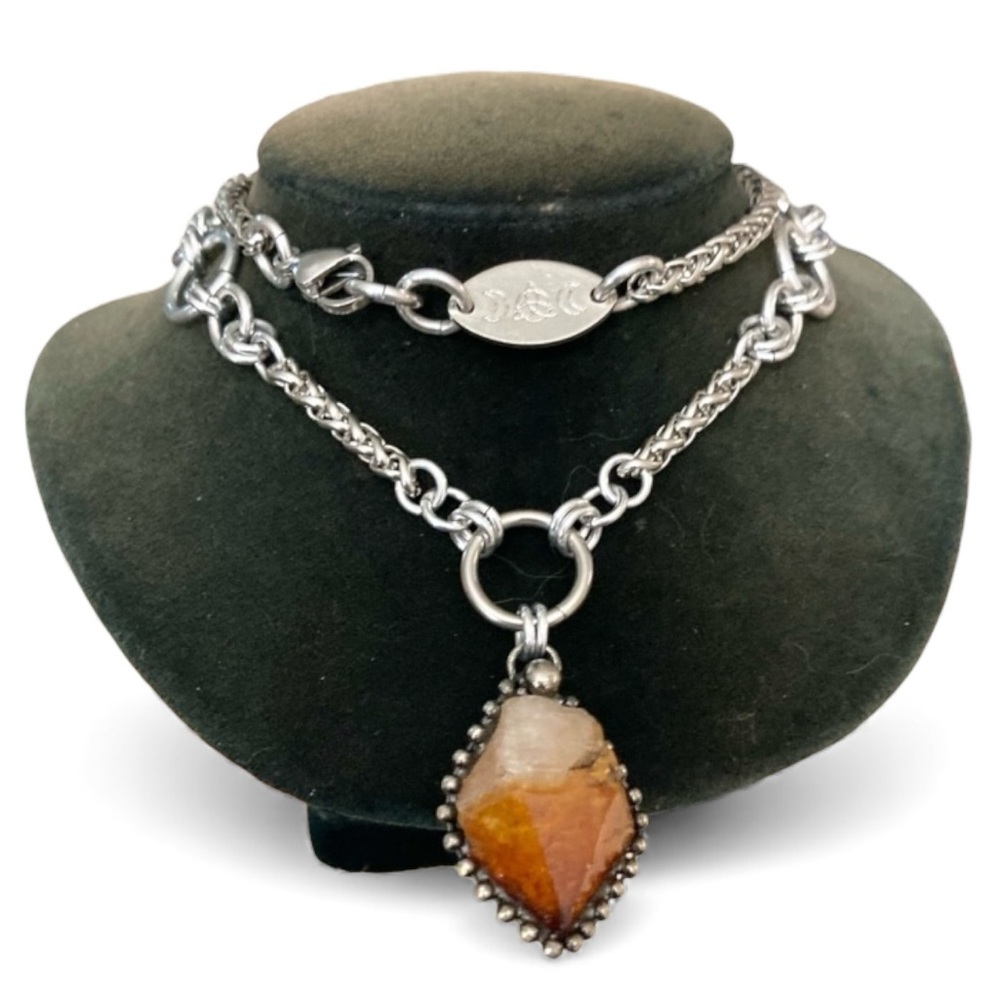Genuine yellow orange citrine crystal maille chain silver boho gem necklace